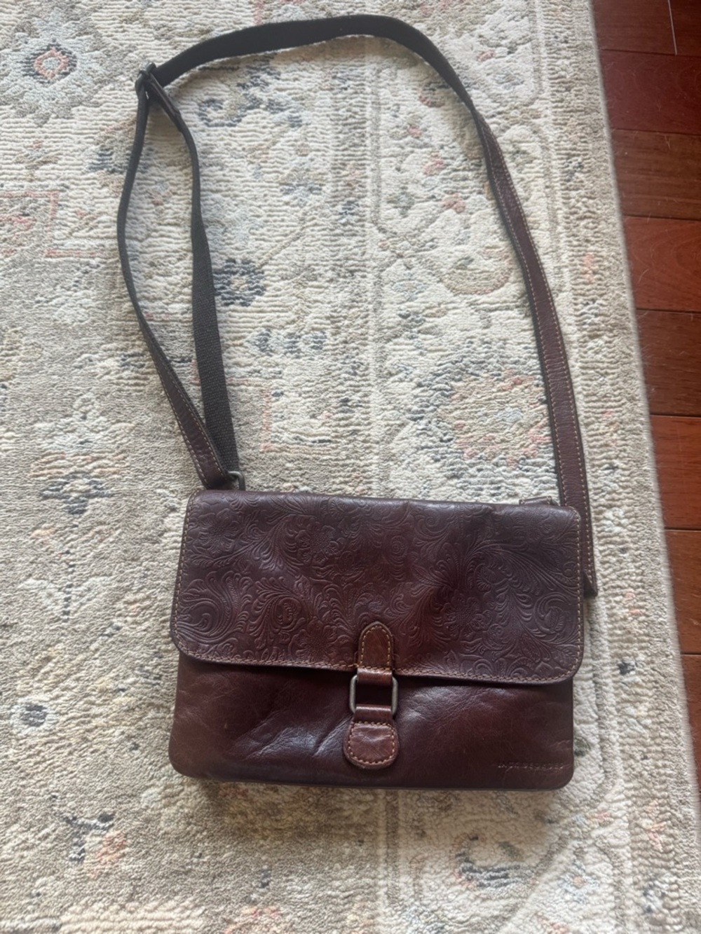 Men's Brown Embossed Leather Messenger Bag with Adjustable Strap